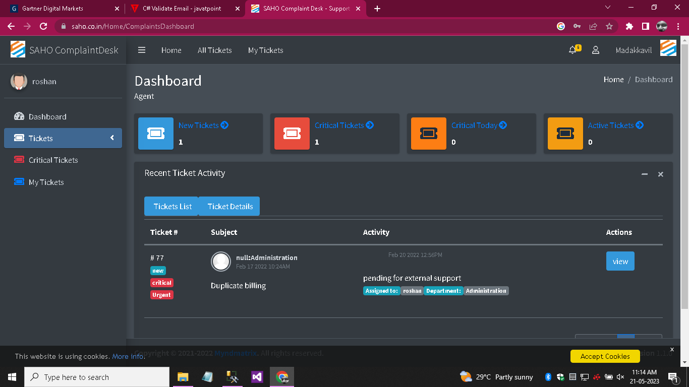 screenshot of Saho Complaint Desk